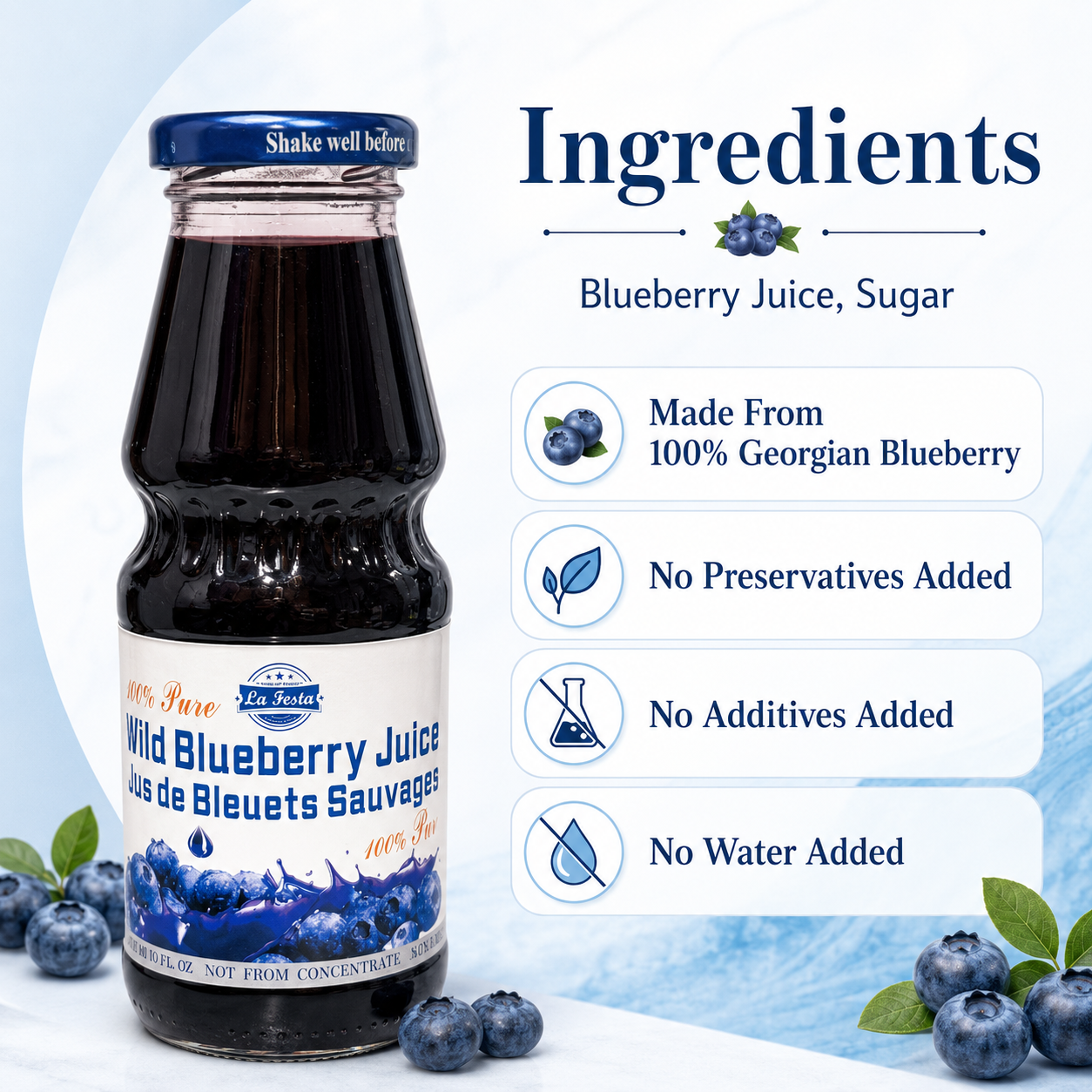 La Festa Wild Blueberry Juice, Not From Concentrate, No Preservatives, Additives or Water Added, 330 mL Glass Bottle