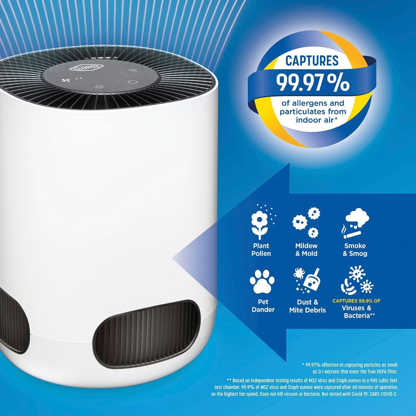 Clorox Smart Air Purifiers, True HEPA Filter, Works with Alexa, Small Rooms up to 200 Sq Ft, Removes 99.9% of Viruses, Wildfire Smoke, Mold, Allergies, Dust, AUTO Mode, Whisper Quiet