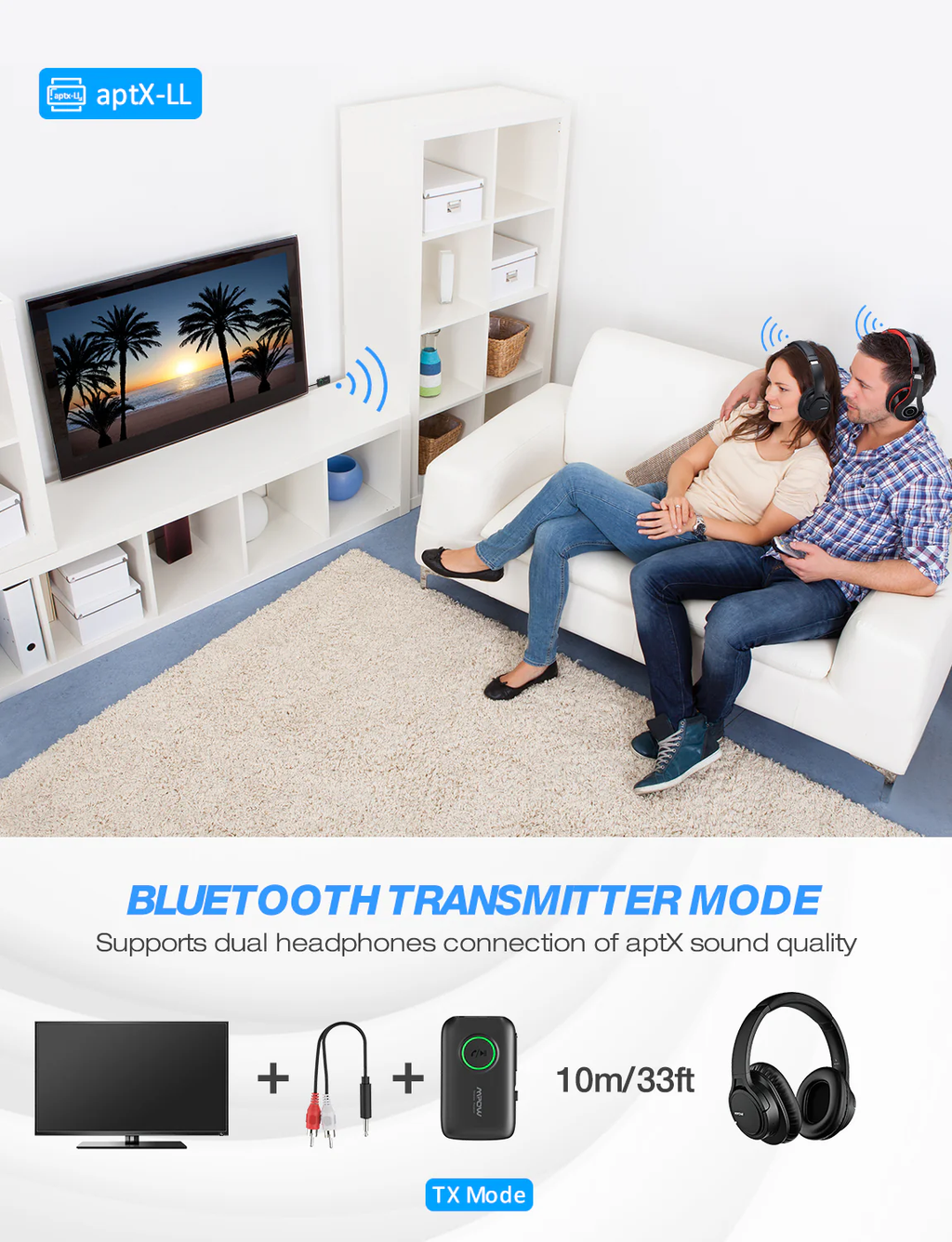 Mpow Bluetooth 5.0 Transmitter Receiver 2-in-1 Wireless Audio Adapter, aptX Low Latency aptX HD, Dual Link, 3.5mm AUX Bluetooth Adapter for TV, Car, PC, Home Stereo