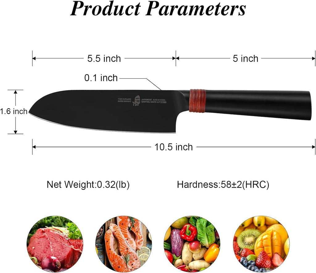 TUO Santoku Knife 5.5"- Asian Chefs Knife Japanese Cleaver Black Titanium Plated Blade Kitchen Small Knife - Japanese AUS-8 Stainless Steel Pakkawood Handle - Dark Knight Series with Sheath & Gift Box