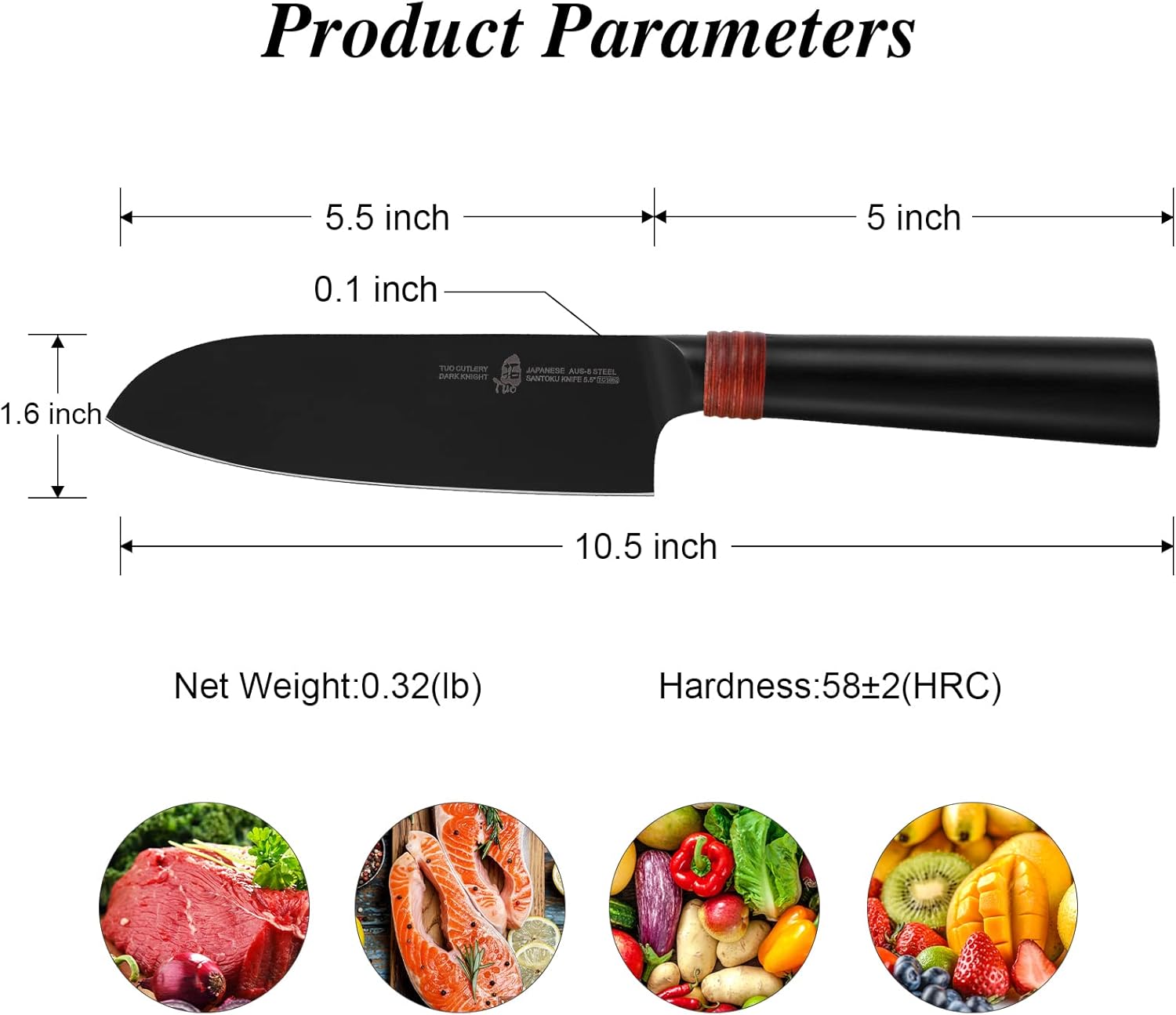 TUO Santoku Knife 5.5"- Asian Chefs Knife Japanese Cleaver Black Titanium Plated Blade Kitchen Small Knife - Japanese AUS-8 Stainless Steel Pakkawood Handle - Dark Knight Series with Sheath & Gift Box
