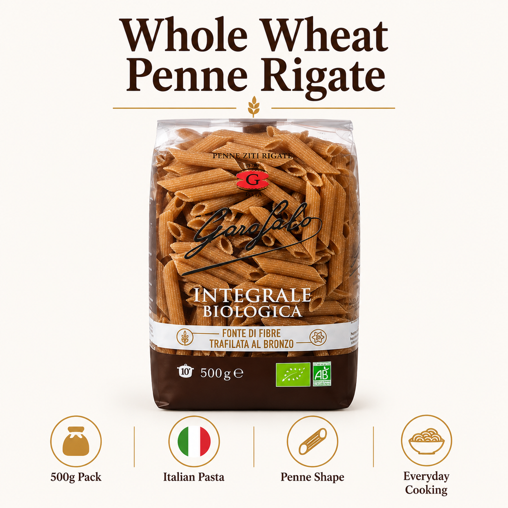 Whole Wheat Penne Rigate Pasta, Durum Wheat Semolina Pasta, Italian Style Pasta