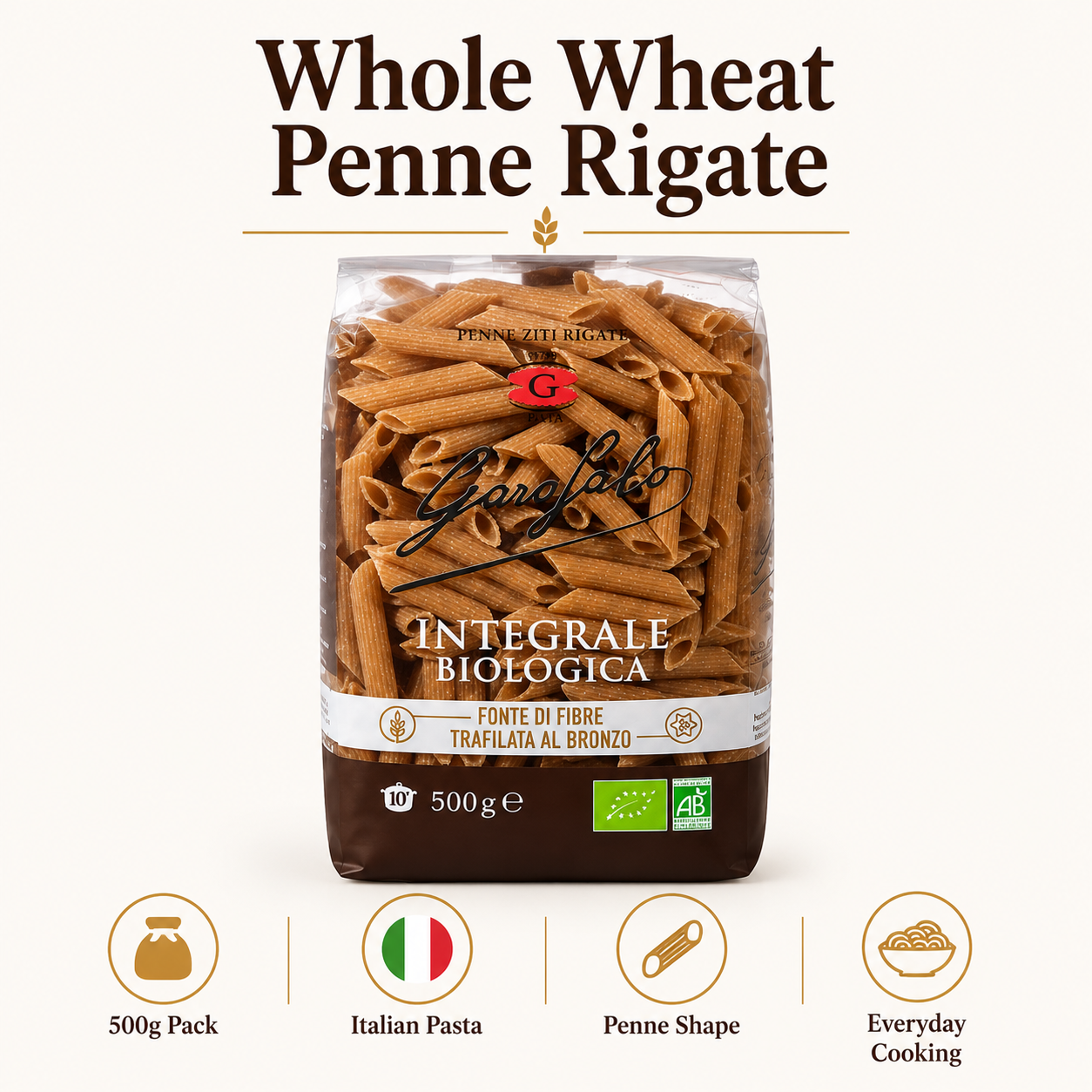 Whole Wheat Penne Rigate Pasta, Durum Wheat Semolina Pasta, Italian Style Pasta