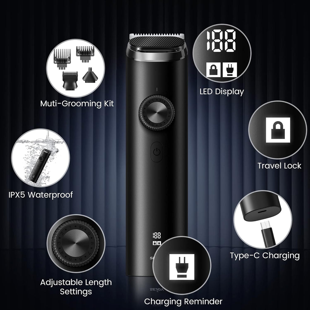 Sejoy Beard Clipper Men Cordless Hair Trimmer Waterproof Moustache Body Nose Ear Shaver Face Trimmer, All in 1 Grooming Kit, USB Rechargeable and LED Display
