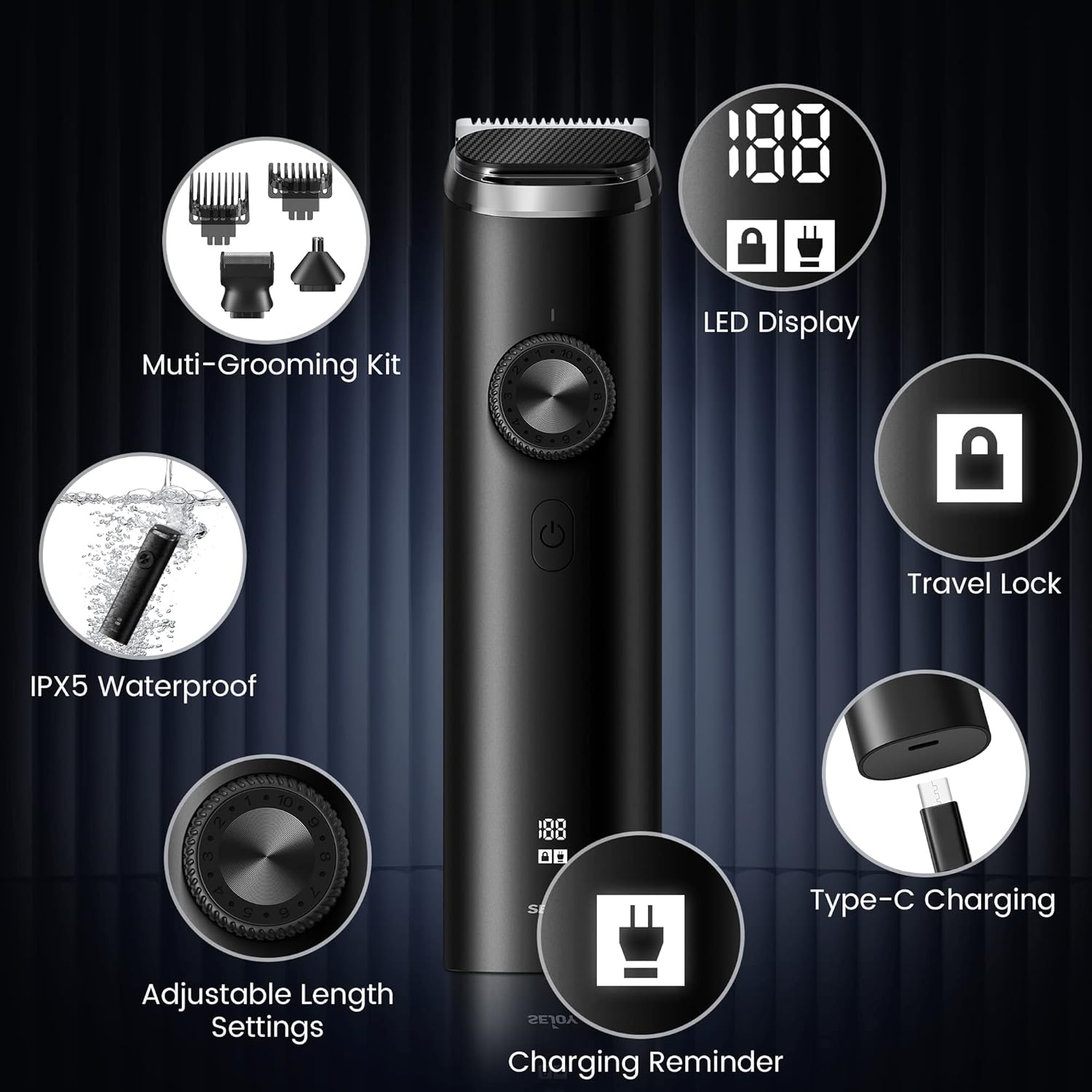 Sejoy Beard Clipper Men Cordless Hair Trimmer Waterproof Moustache Body Nose Ear Shaver Face Trimmer, All in 1 Grooming Kit, USB Rechargeable and LED Display