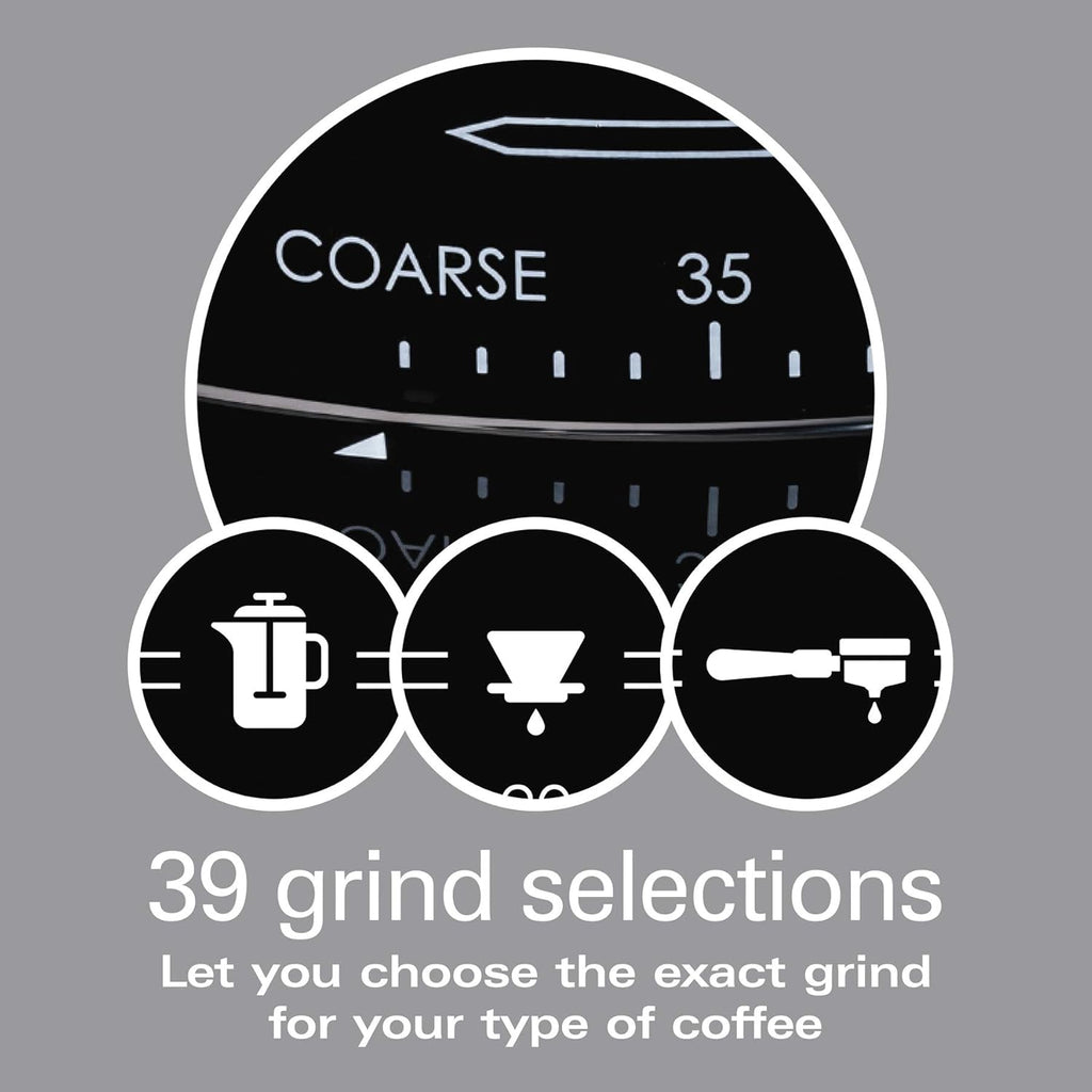 Hamilton Beach Professional Conical Burr Digital Coffee Grinder, 39 adjustable grind settings, Stainless steel conical burr, Black, 80405