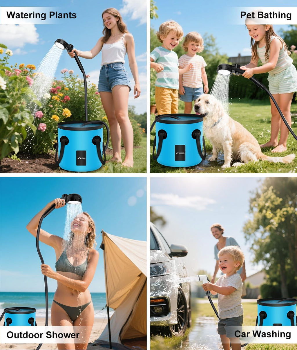 WADEO Portable Shower, 6000mAh Rechargeable Camping Shower Pump with Light, 5 Spray Modes, Fahrenheit Display, IPX8 Waterproof, Ideal for Camping, Travel, Car Washing, Pet Bathing