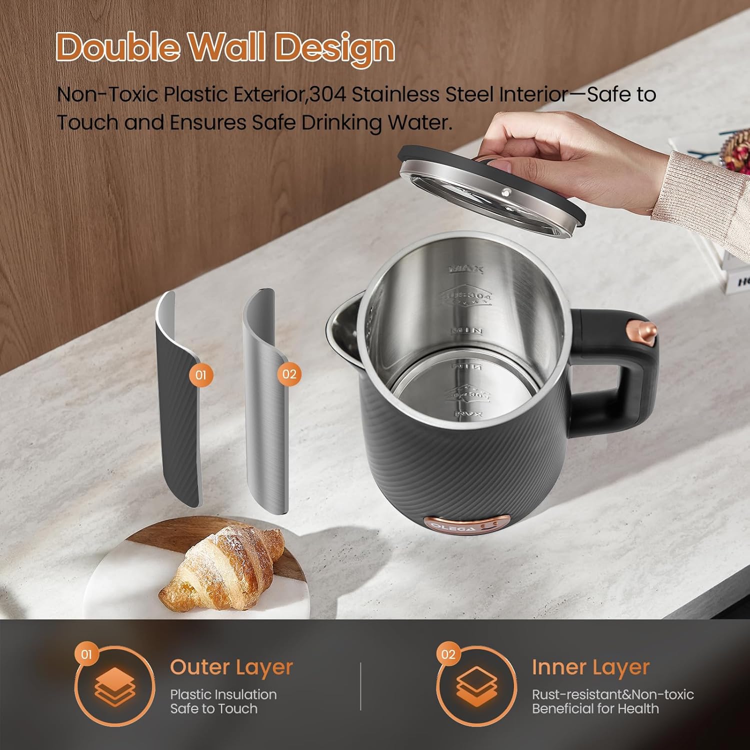 OLEGA Electric Kettle - 1500W Electric Tea Kettle 1.8L Stainless Steel Inner Electric Kettles for Boiling Water Auto Shut Off Boil-Dry Protection Electric Water Kettle for Coffee Tea Black