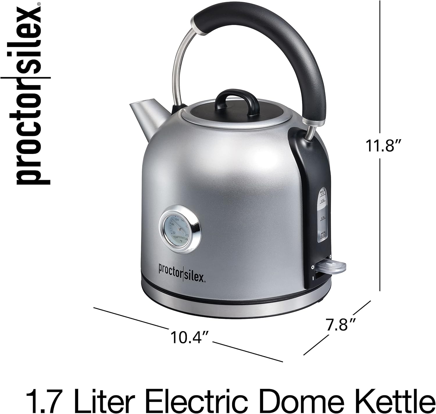 Proctor Silex Electric Dome Kettle, 1.7 Liter Capacity, Temperature Gauge, Stainless Steel, 41035C Grey