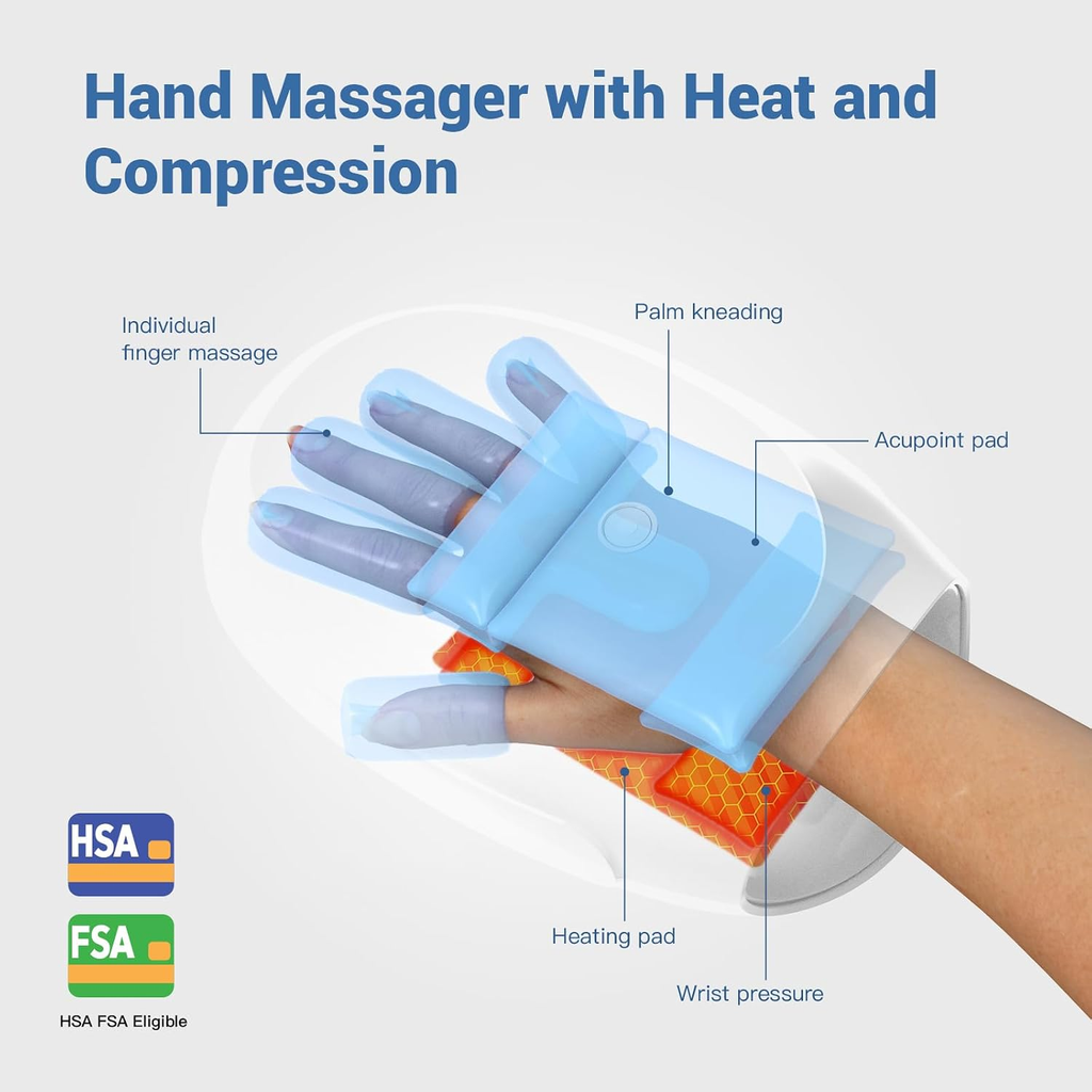 Cordless Hand Massager with Heat, Air Compression, Vibration, 6 Modes and LCD Display – White