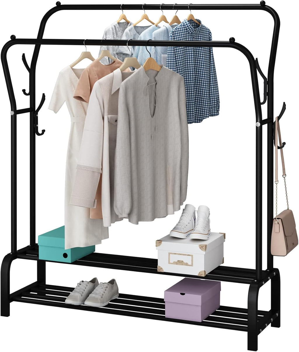 UDEAR Garment Rack Freestanding Hanger Double Rods Multi-functional Bedroom Clothing Rack, Double layer ，4 Hooks，Black