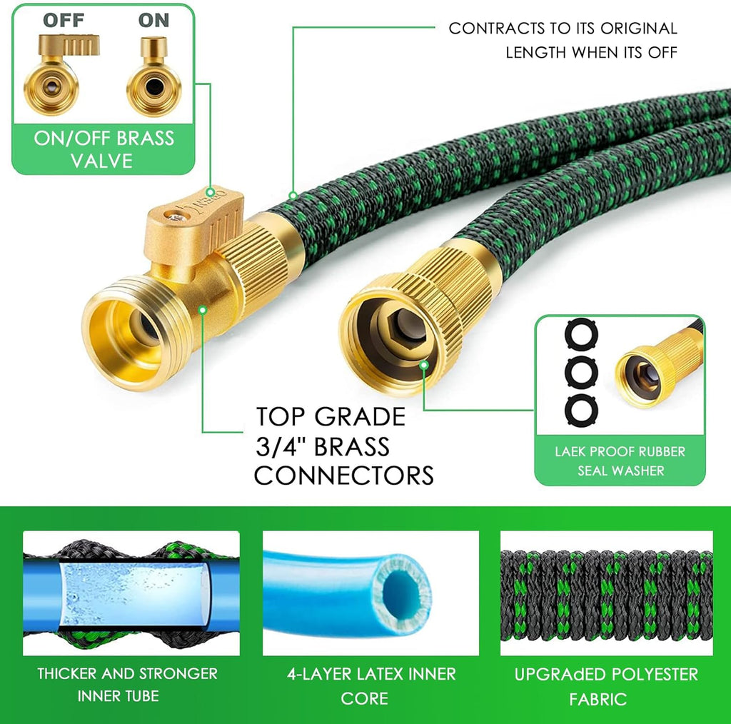 Upgrade Expandable Garden Hose Water Hose with 10-Function High-Pressure Spray Nozzle, Heavy Duty Flexible Hose, 3/4"" Solid Brass Fitting (150ft)