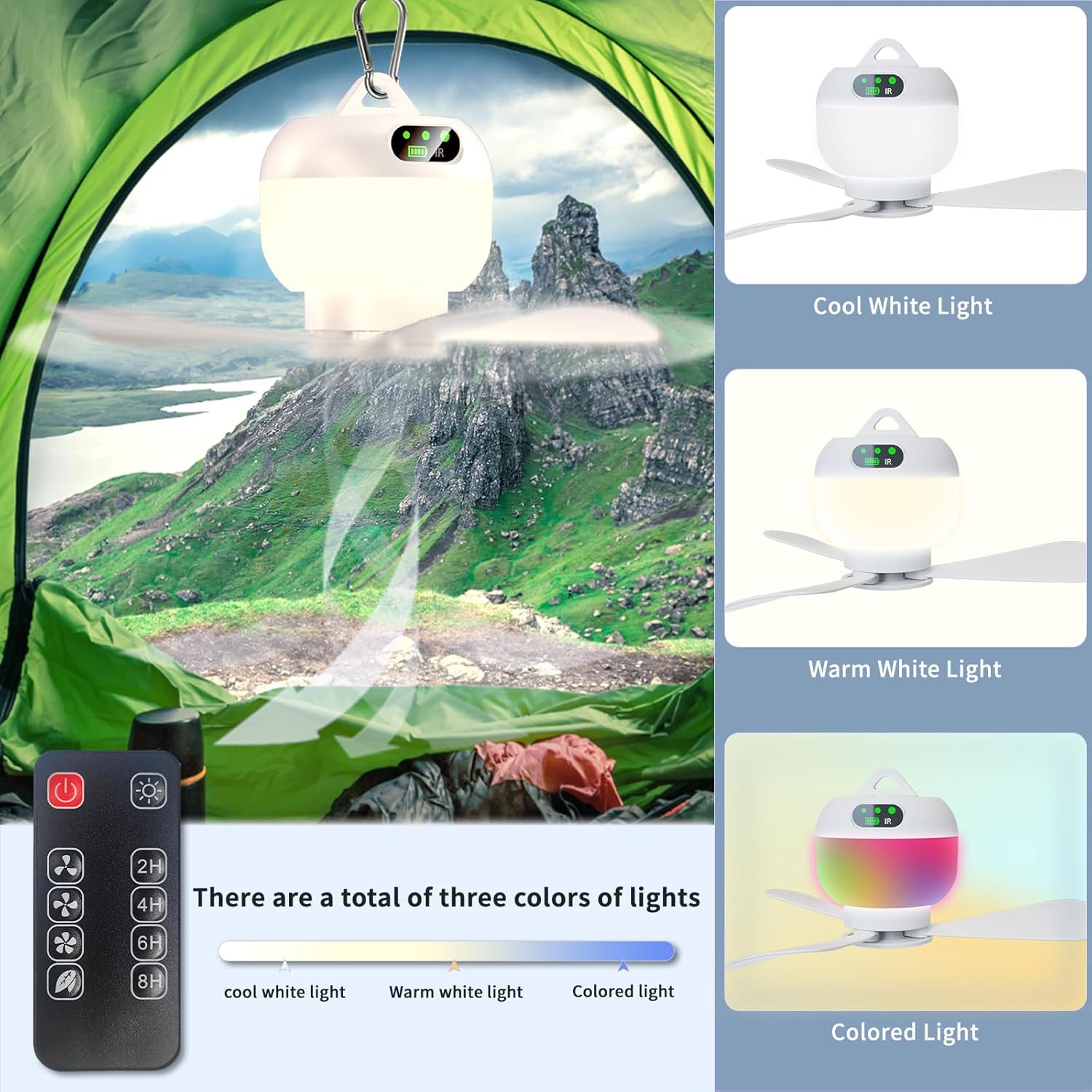 Small Portable Ceiling Fans with Remote Control, Outdoor Mini Tent Fan Rechargeable Camping Fan for Tents, 8000mAh Battery Powered Canopy Fan Light for Gazebo, Umbrella, Patio, RV