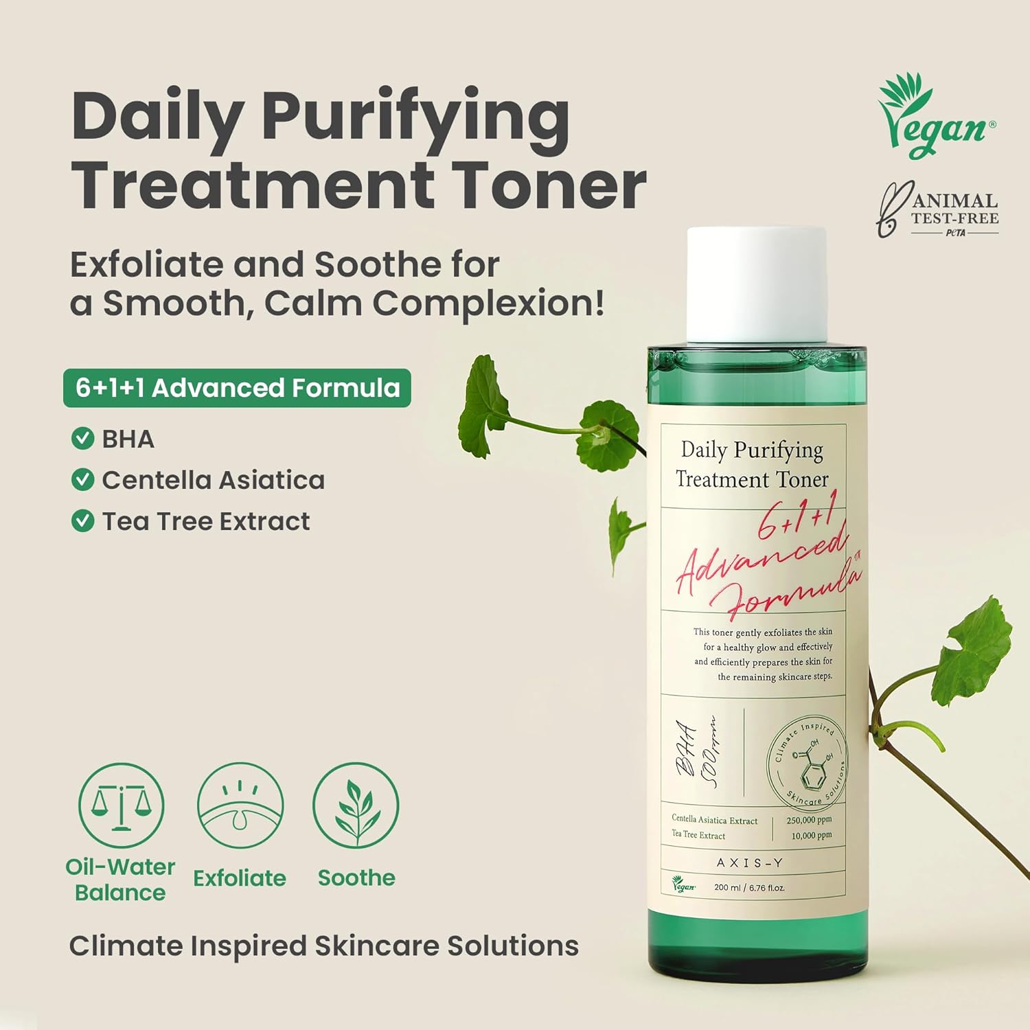 AXIS-Y Daily Purifying Treatment Toner with 0.5% BHA, Centella Asiatica & Heartleaf  Gentle Exfoliating & Soothing Toner for Smooth Texture  Vegan & Cruelty-Free Korean Skin Care  200ml