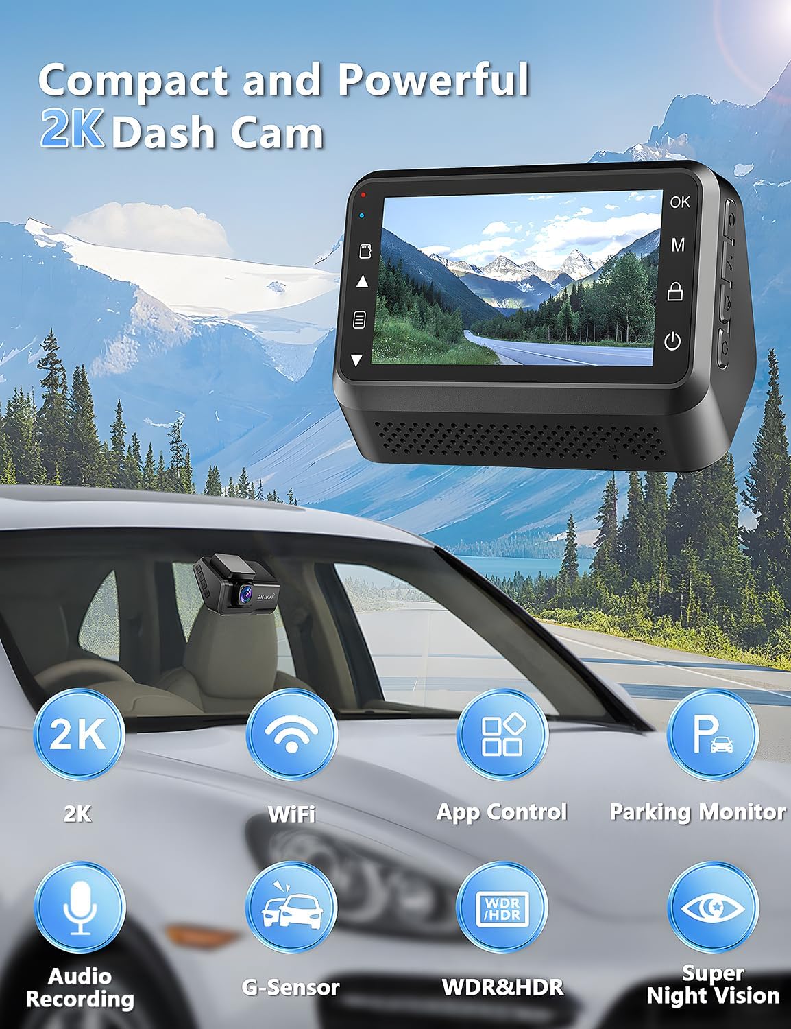 Dash Cam for Cars, 2K Car Camera with WiFi, Front Dash Camera for Cars, Otovoda Mini Dash Cam with Super Night Vision, 24 Hours Parking Monitor Dashcams, Loop Recording, WDR, G-Sensor