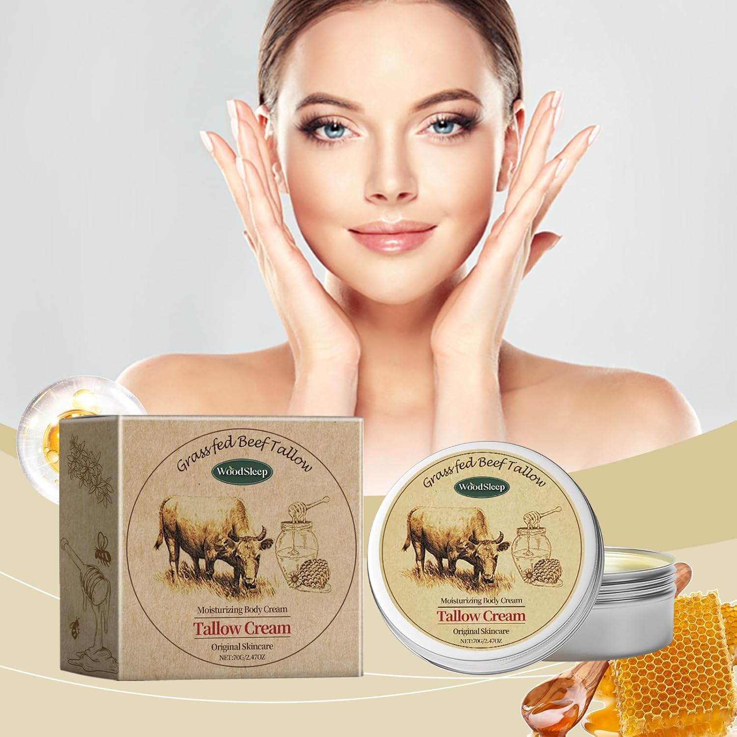 Beef Tallow for Skin, 2.5oz 1Pack Tallow Face Moisturizer, Beef Tallow Balm with Raw Honey Moisturizing Cream for Body Lotion SkinCare