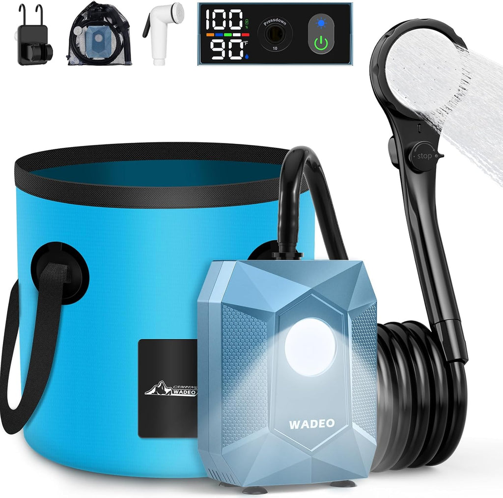 WADEO Portable Shower, 6000mAh Rechargeable Camping Shower Pump with Light, 5 Spray Modes, Fahrenheit Display, IPX8 Waterproof, Ideal for Camping, Travel, Car Washing, Pet Bathing