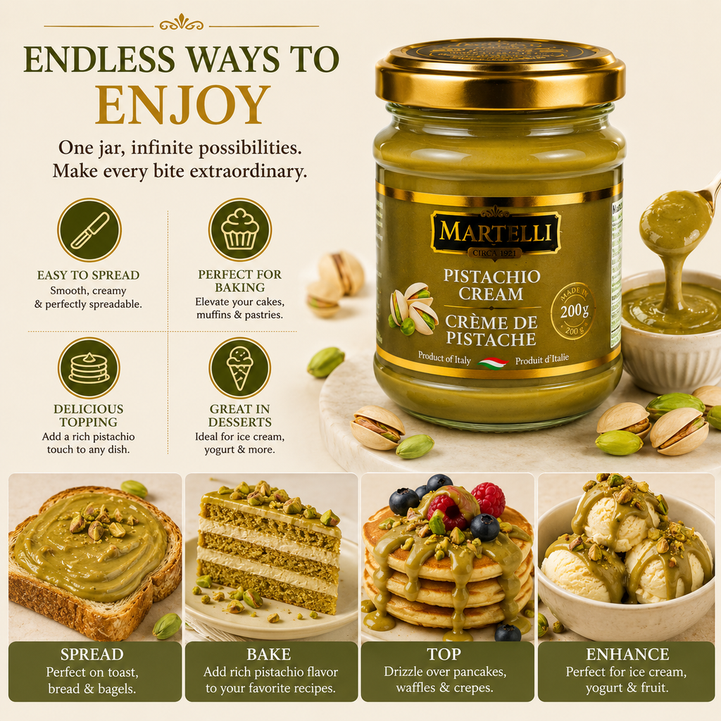 Martelli Pistachio Cream 200g, 45% Pistachios, Smooth & Creamy Spread for Toast, Desserts & Baking, Best Before Jan 22, 2027