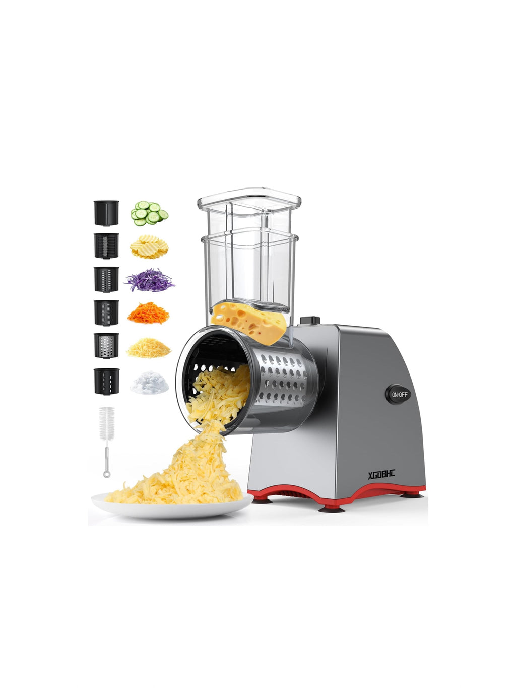 250W Electric Cheese Grater & Salad Maker with 6 Blades, Multi-Function Vegetable Slicer & Shredder for Cheese, Fruits, Nuts