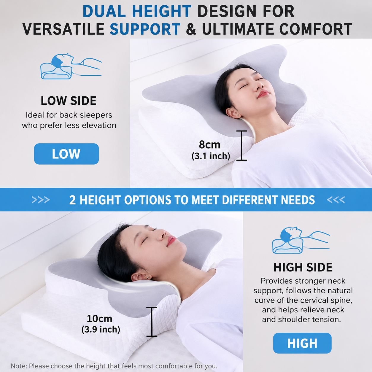 Memory Foam Contour Pillow with Dual Height Design, 5-Zone Support Bed Pillow for Back and Side Sleeping, Soft Quilted Cover, White and Gray