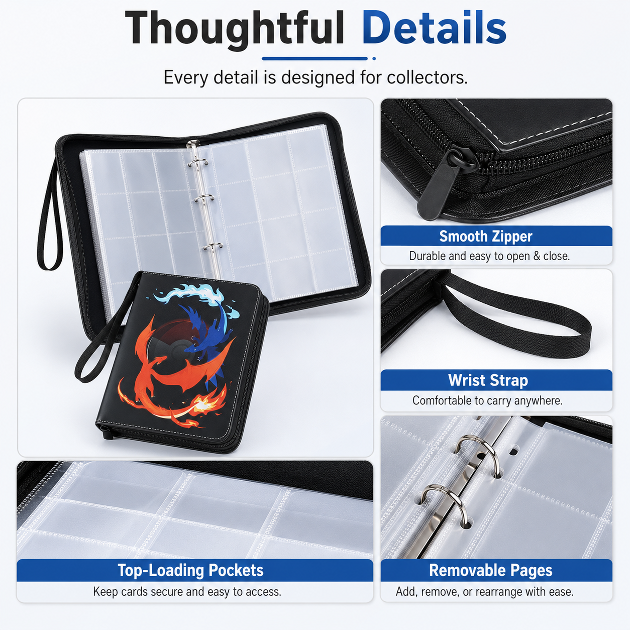 4-Pocket Trading Card Binder with 50 Removable Sleeves, Up to 400-Card Capacity, Zipper Closure & Wrist Strap