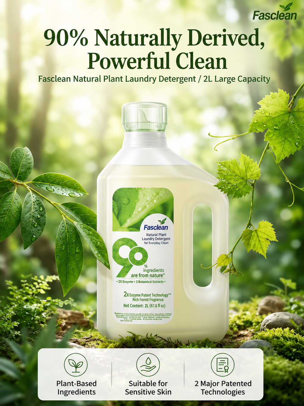 Fasclean 90% Natural Ingredient Laundry Detergent, 2L Liquid Laundry Soap for Machine Wash & Hand Wash, Gentle Formula for Clothes