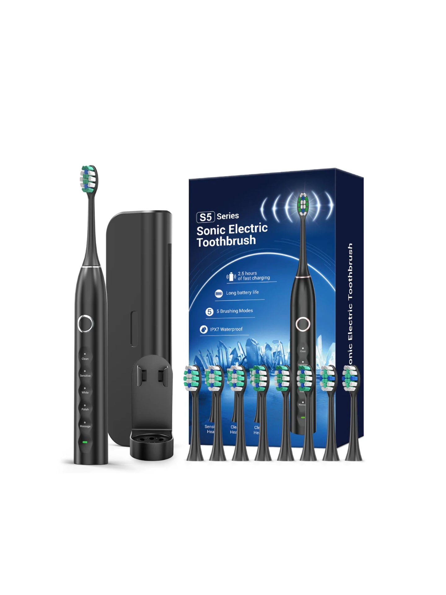 S5 Electric Toothbrush Sonic Rechargeable Toothbrush with 5 Modes 40000 Vibrations Timer Waterproof with 8 Brush Heads