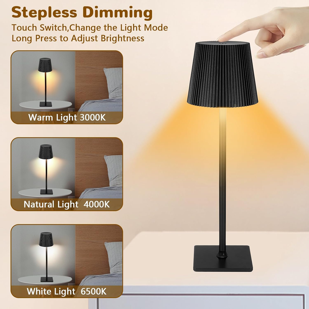 Cordless Rechargeable LED Table Lamps, Set of 2, Touch Dimmable, 3 Light Colours, IP54 Water-Resistant – Black