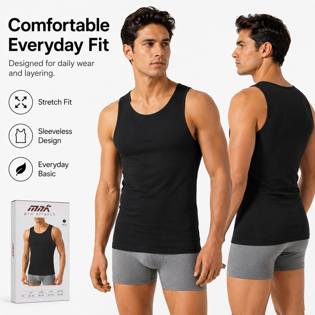 Men’s Pro Stretch Sleeveless Tank Top, Soft Fitted Cotton Undershirt, Black, Sizes S–L