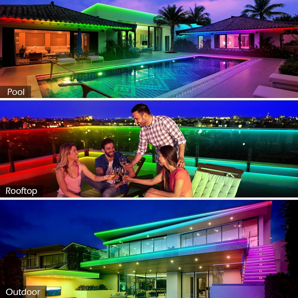 200FT Outdoor IP68 Waterproof RGB LED Strip Lights with App & Remote Control, Music Sync