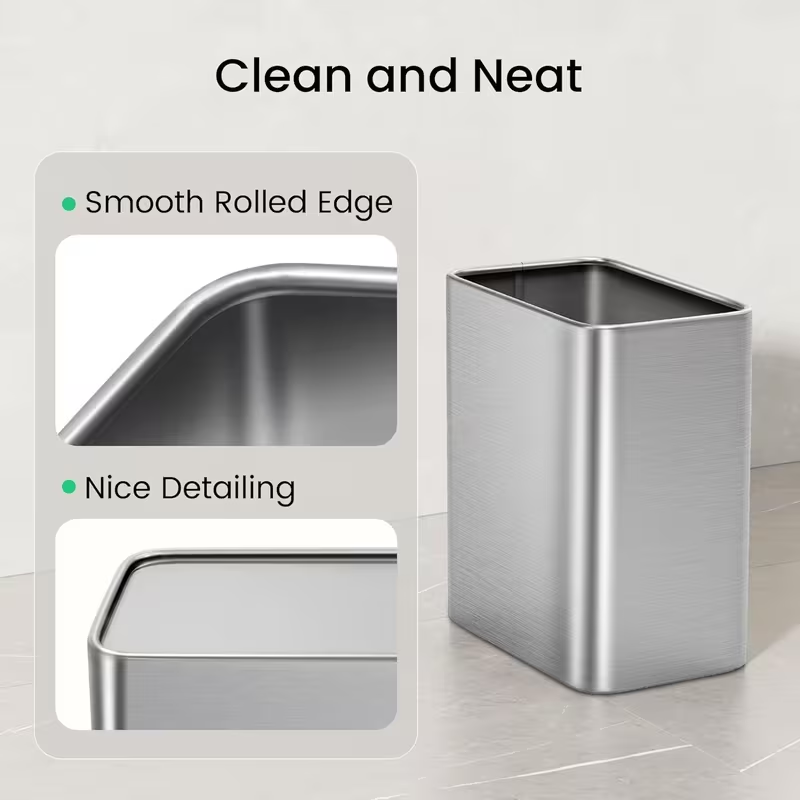 Modern Stainless Steel Bathroom Trash Can – Small Metal Waste Basket for Bedroom, Office, Kitchen (Silver / White)
