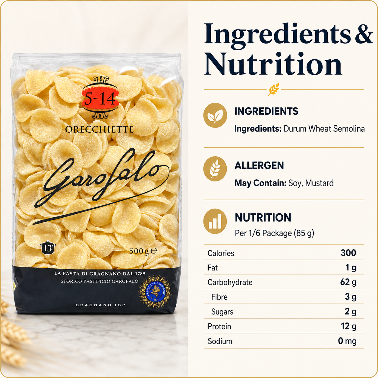 Garofalo Orecchiette Pasta 500g x 2 Packs – Cup-Shaped Durum Wheat Pasta, 13-Minute Cooking Time