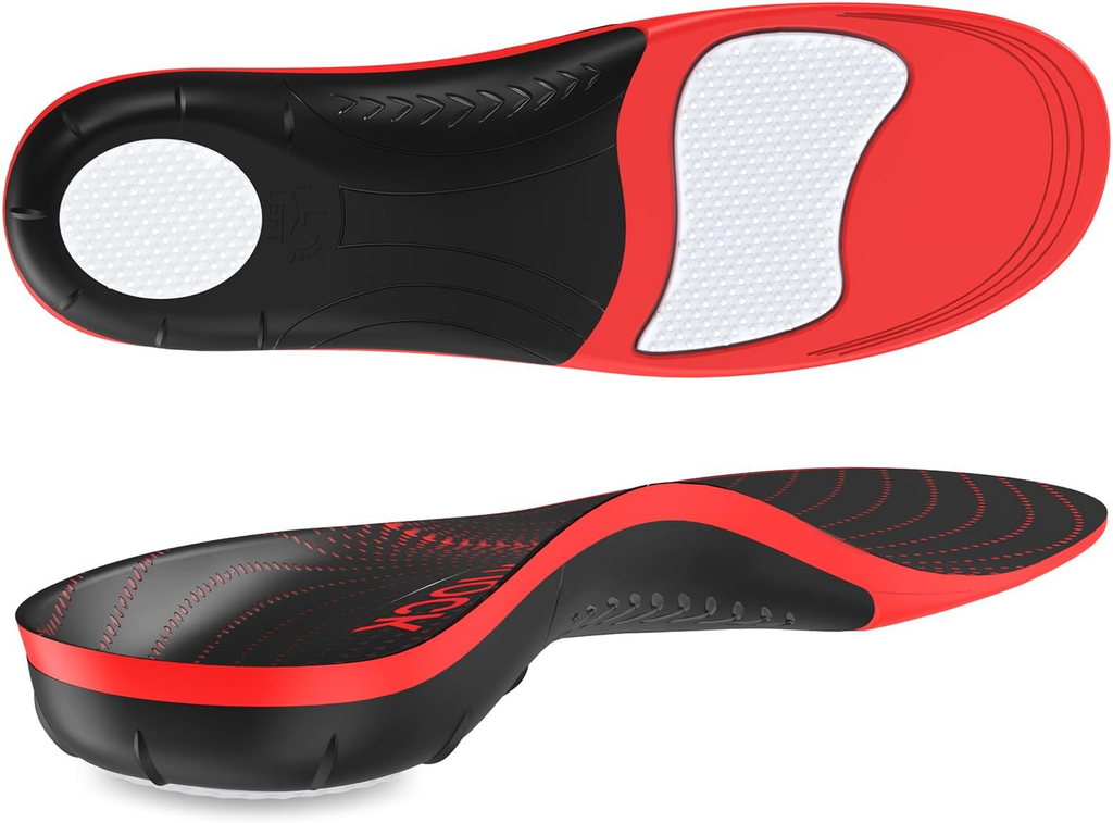 Full-Length Supportive Gel Insoles with Cushioned Heel and Breathable Fabric for Everyday Shoes, Red & Black