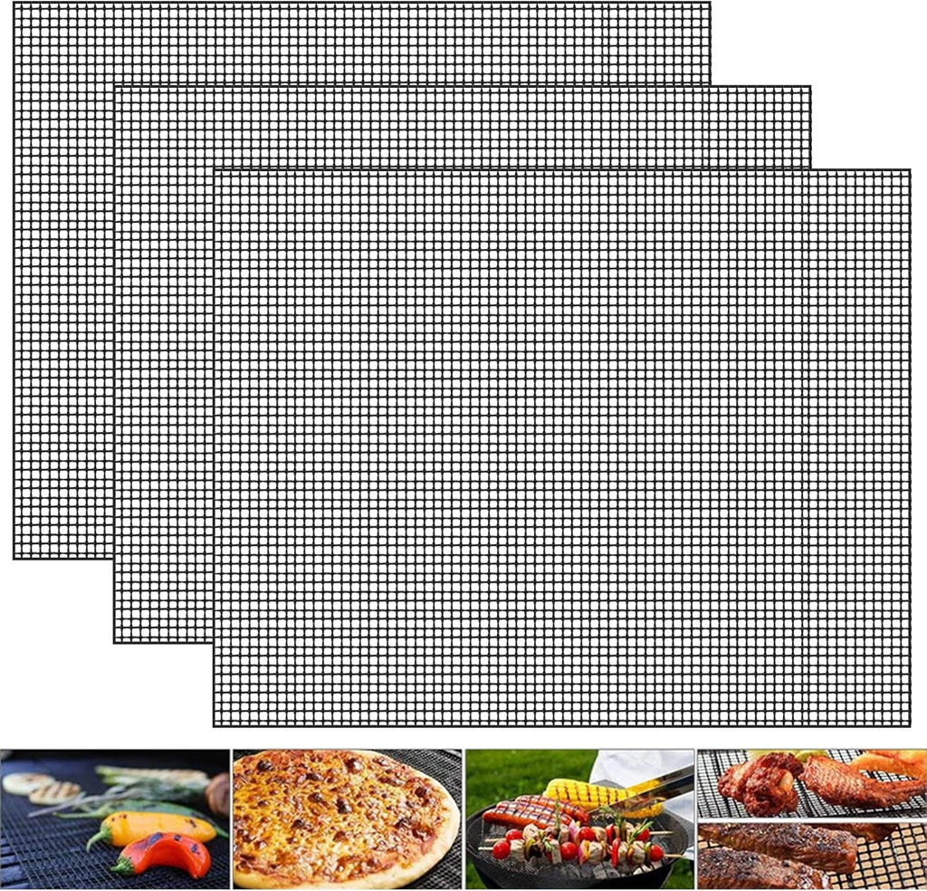 3 Pack Reusable BBQ Grill Mesh Mats, Non-Stick Cooking Sheets for Barbecue, Gas, Charcoal & Electric Grills, 33×40cm