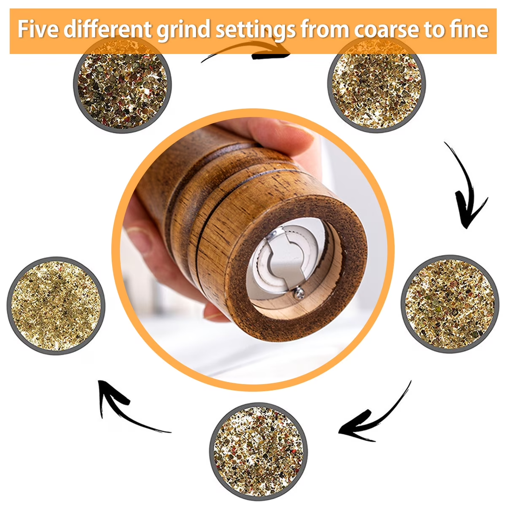 Wood Pepper Mill Grinder Adjustable Ceramic Core Salt & Pepper Grinder Refillable Oak Wood Mill 5in8in10in