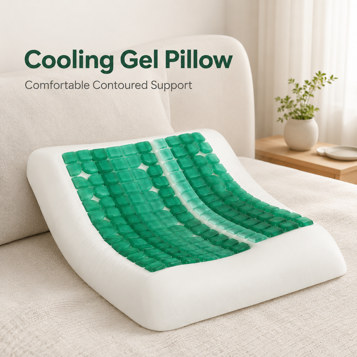 Cooling Gel Contoured Pillow with Flexible Gel Grid, Cushioned Support for Bed and Everyday Rest, Green and White, 66 × 40 × 11 cm