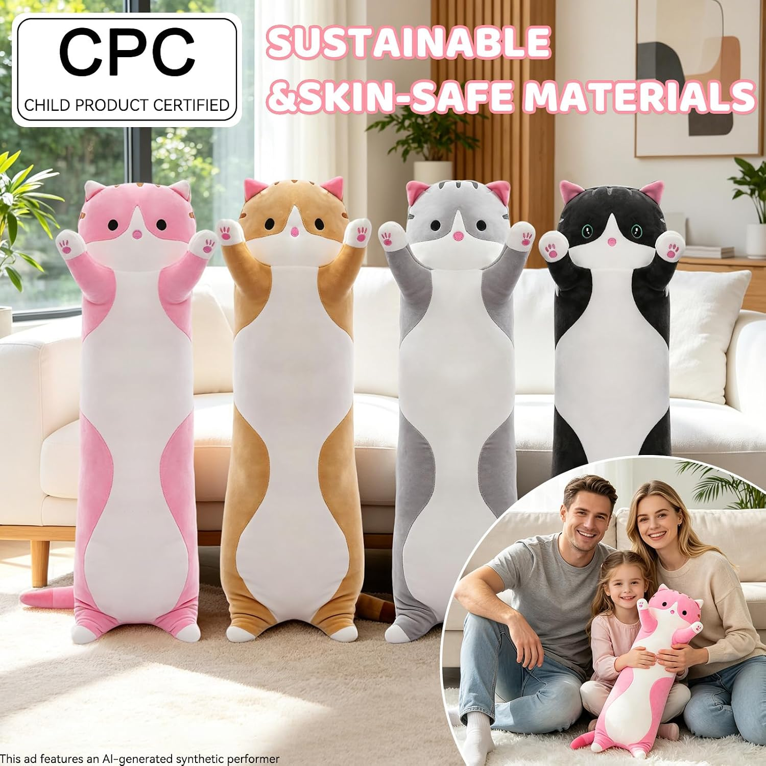 Long Cat Plush Body Pillow, Soft Stuffed Animal Cuddle Toy, 19.6 Inch, Gray or Pink