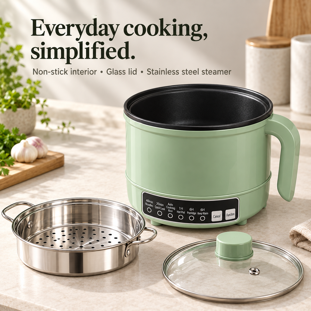 1.7L Multifunction Electric Cooking Pot with Stainless Steel Steamer, Non-Stick Interior & Glass Lid, 600W