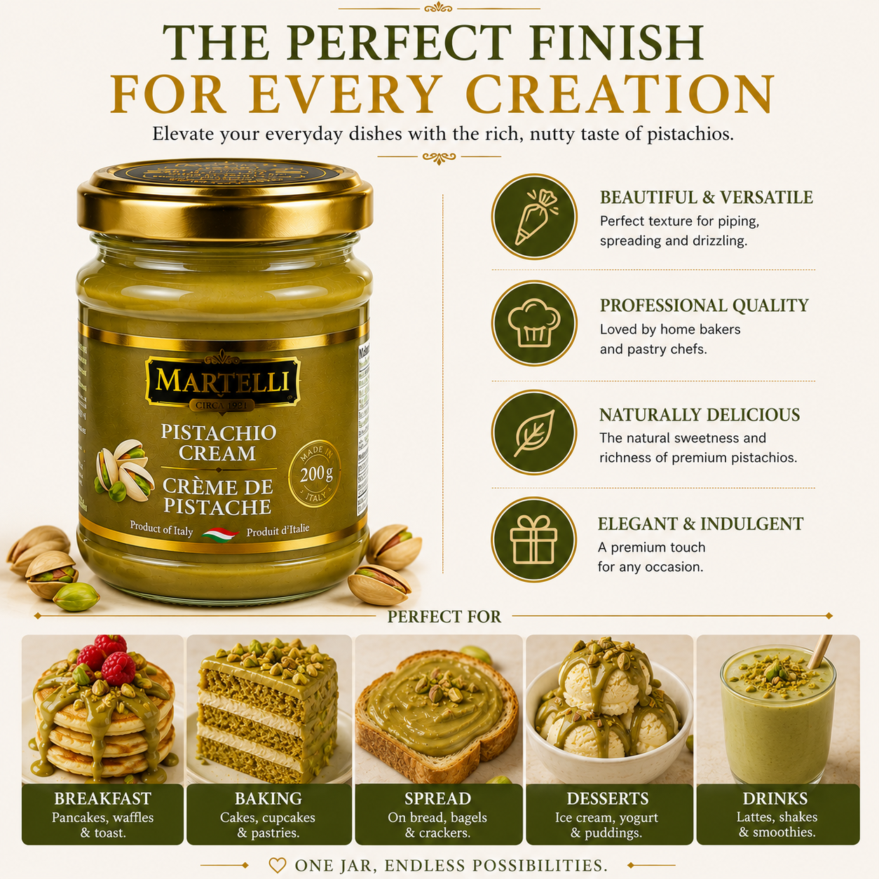 Martelli Pistachio Cream 200g, 45% Pistachios, Smooth & Creamy Spread for Toast, Desserts & Baking, Best Before Jan 22, 2027