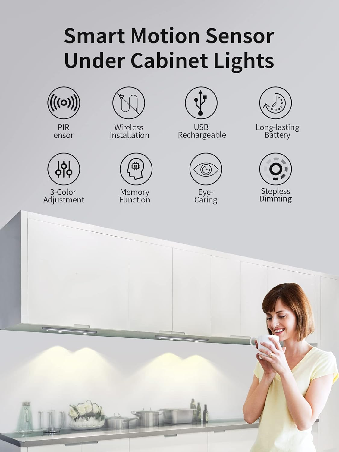3 Color Dimmable Motion Sensor Under Cabinet Lights Wireless,1500mAh Rechargeable Battery Operated LED Closet Light Bar, Stick on Anywhere Under Cabinet Lighting for Kitchen, Stair, Wardrobe,10.43"