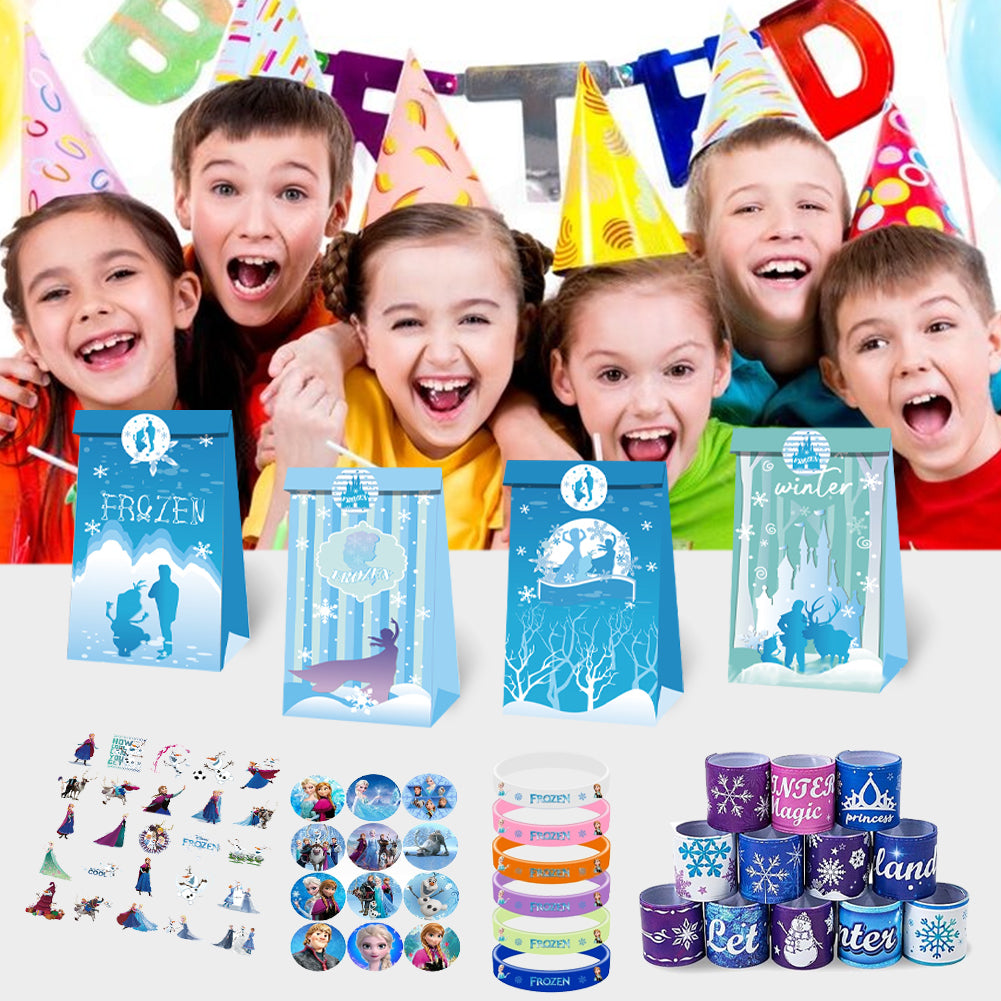 Winter Princess Theme Party Decorations Set – Kids Birthday Supplies with Gift Bags, Bracelets, Keychains, Stickers & Badges (Blue Snowflake Style)