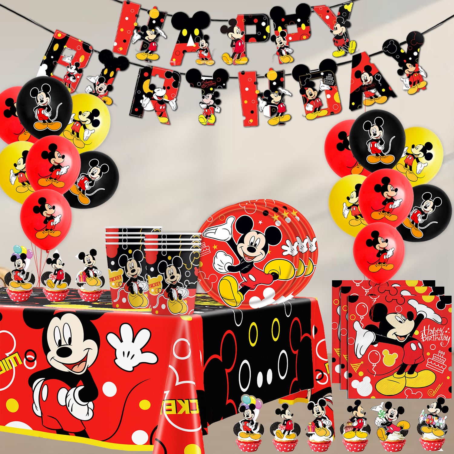 Classic Cartoon Mouse Theme Birthday Party Decorations Set – Kids Party Supplies with Banner, Balloons, Tableware & Cake Toppers (Red & Black Style)