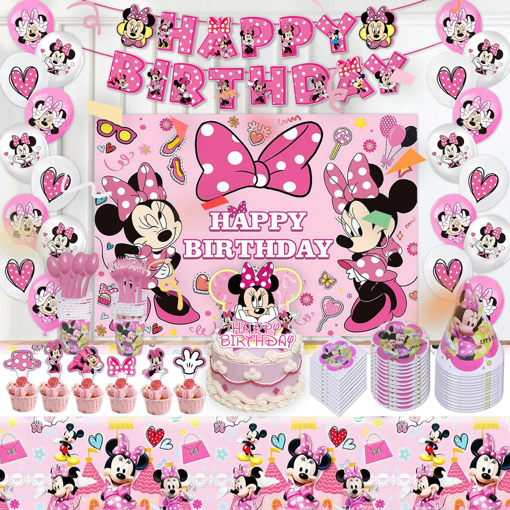 Pink Cartoon Bow Theme Birthday Party Decorations Set – Kids Girls Party Supplies with Banner, Balloons, Tableware & Cake Toppers