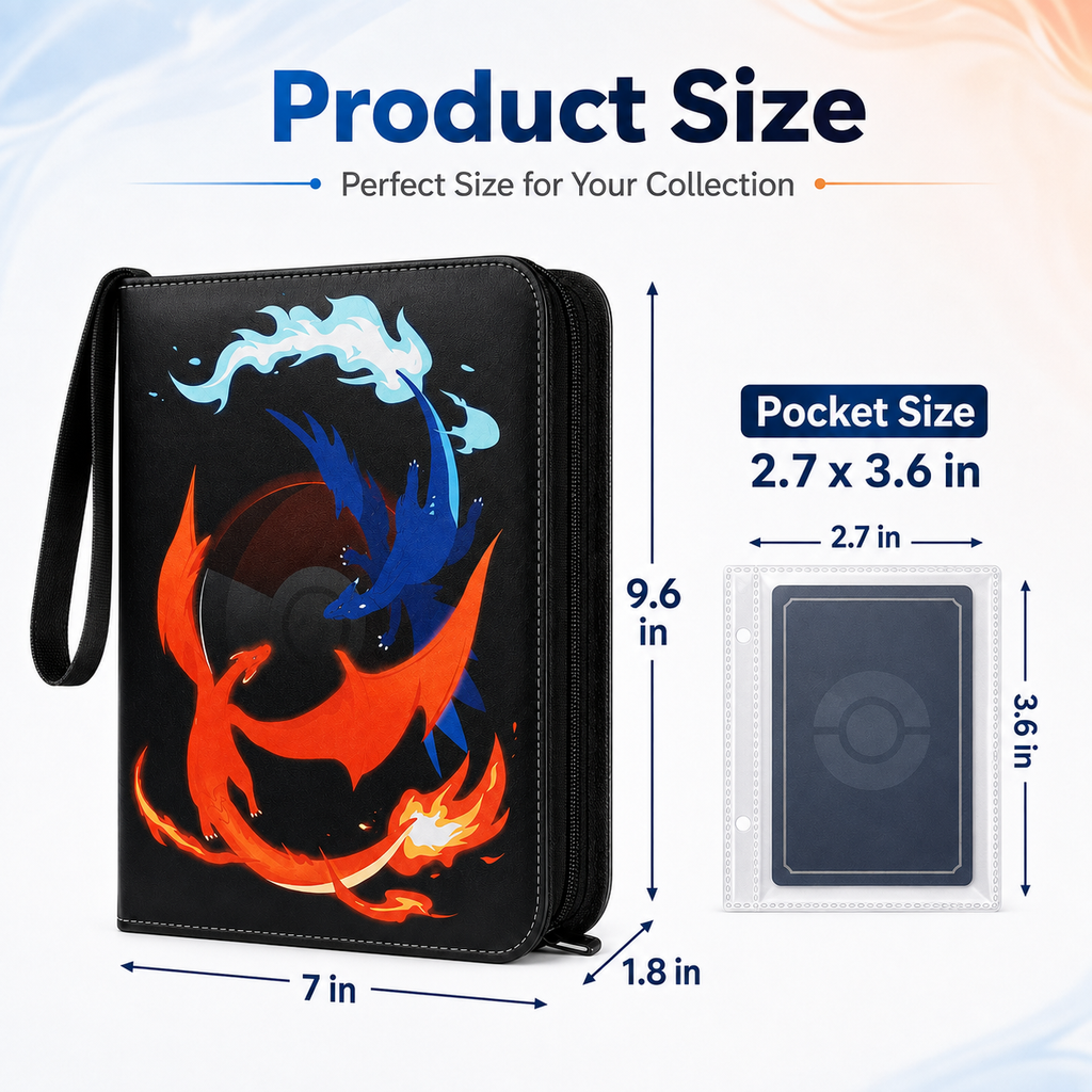 4-Pocket Trading Card Binder with 50 Removable Sleeves, Up to 400-Card Capacity, Zipper Closure & Wrist Strap