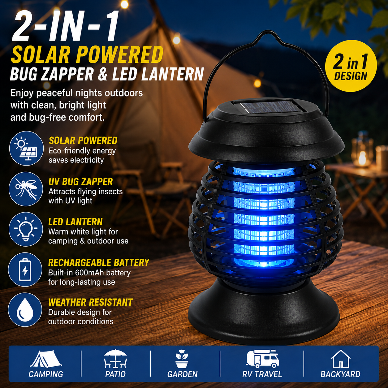 2-in-1 Solar Powered UV Lantern & Rechargeable Outdoor Camping Light