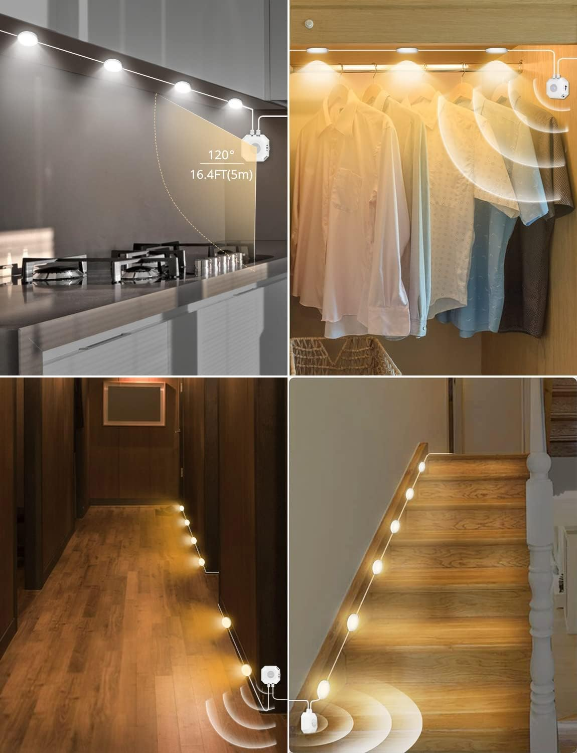 8-Pack LED Under-Cabinet Puck Lights with Motion Sensor, USB-Powered Cabinet and Closet Lighting, 3 Colour Modes, White