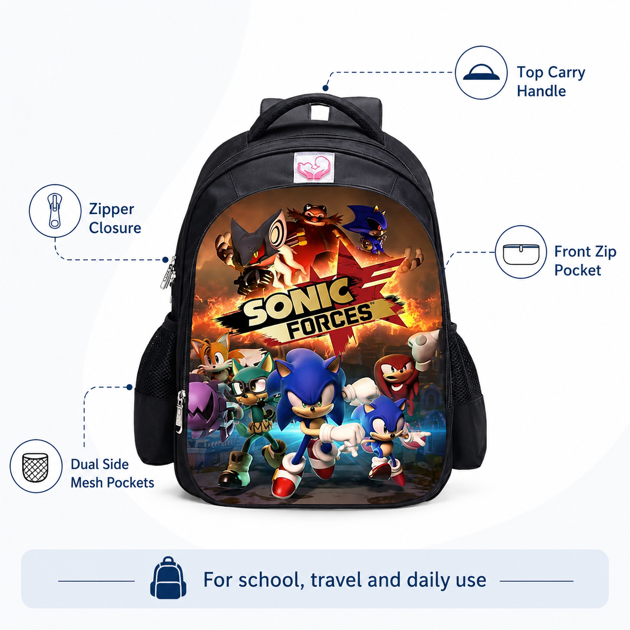 Kids School Backpack, Cartoon Character Print Bookbag with Front Zip Pocket and Dual Side Mesh Pockets, 16.5 x 12.6 x 6.7 in, Style B
