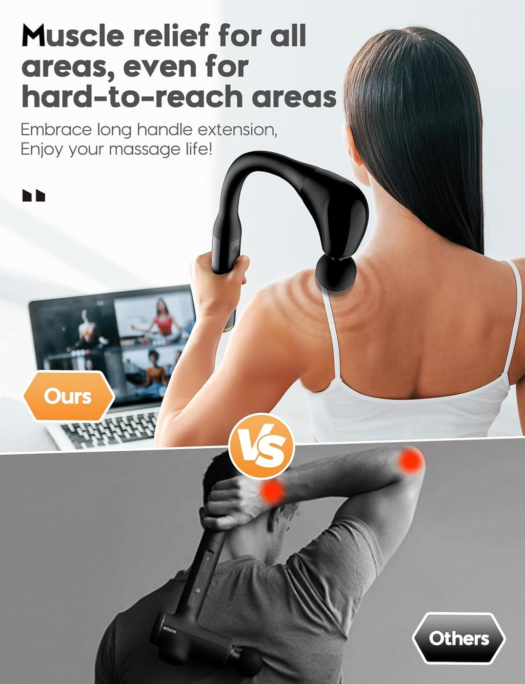 Deep Tissue Massage Gun with Extended Handle – Portable Muscle Massager for Neck, Back and Full Body Relief