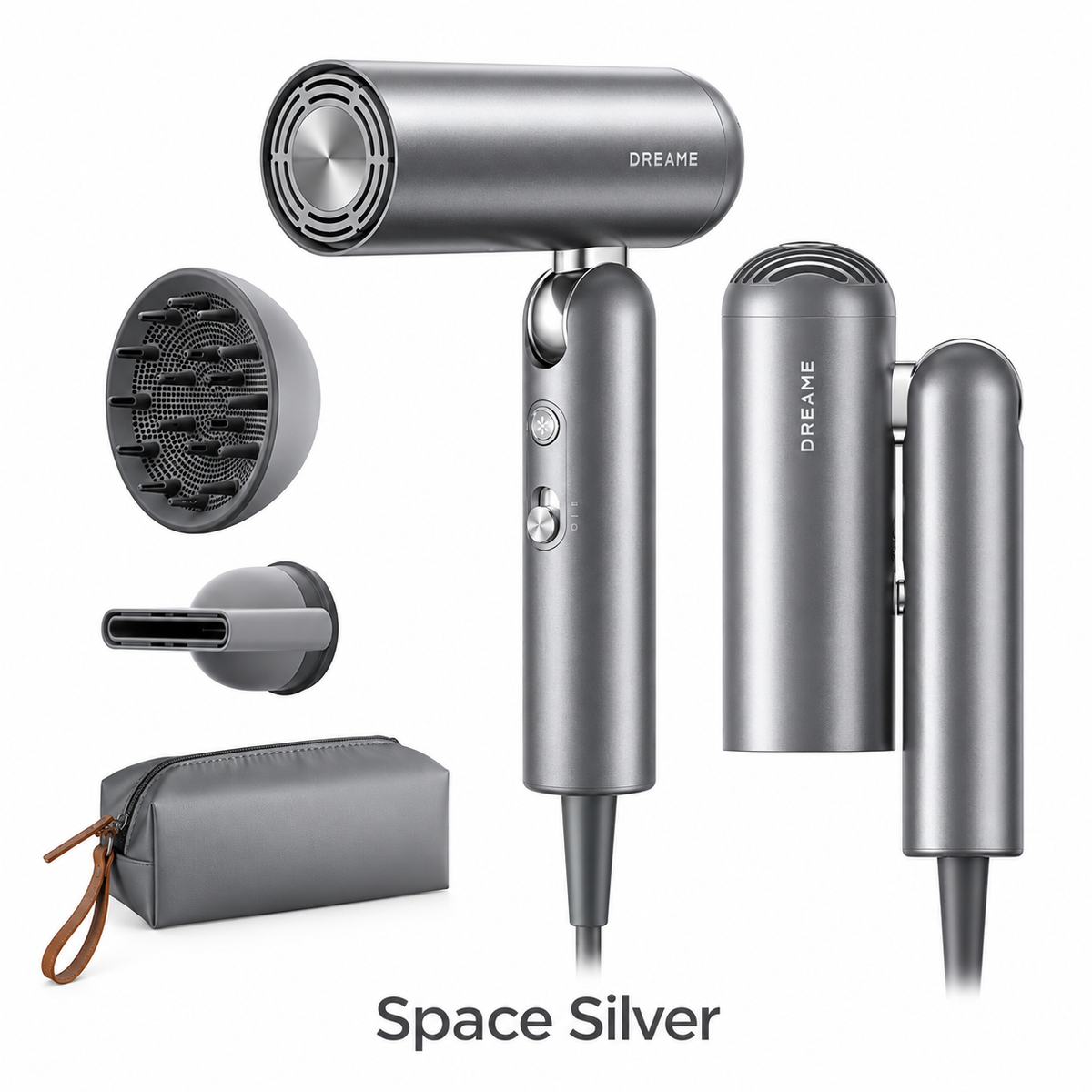 Open Box – Dreame Pocket Pro Foldable Ionic Hair Dryer, 120–240V, with Styling Attachments & Travel Pouch