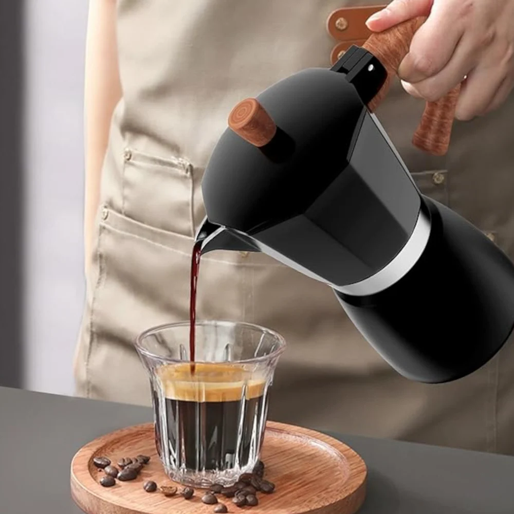CAFFETTIERA 6-Cup Stovetop Moka Pot Coffee Maker with Wood-Look Handle – Black